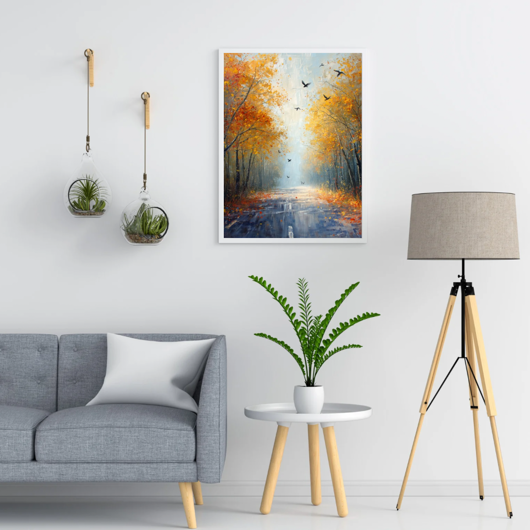 Herfstlaan gouden bomen vliegende vogels blauwe reflecties schilderij in twee zwarte lijsten aan witte muur boven grijze bank met witte kussens en vloerlamp – woonkamer schilderij
