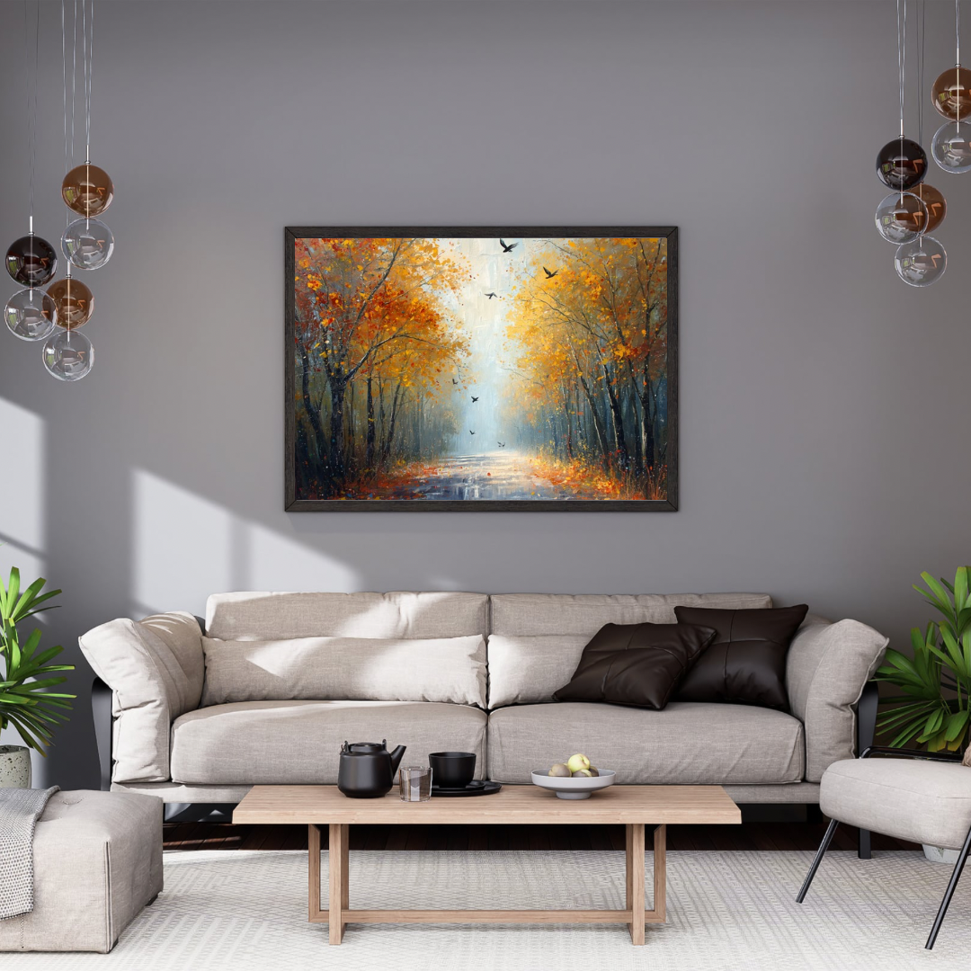 Herfstlaan gouden bomen vliegende vogels blauwe reflecties schilderij in zwarte lijst aan donkere antraciet muur boven donkergrijze bank met donkere kussens – woonkamer schilderij
