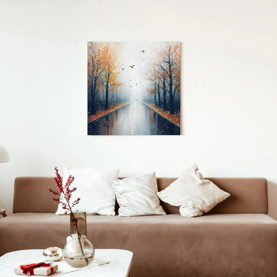 Herfstlaan kale bomen vallende bladeren vliegende vogels schilderij in zwarte lijst aan witte muur boven bruine bank met witte kussens en takken in vaas – woonkamer schilderij
