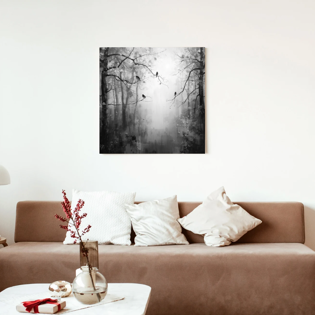 Zwart-wit mistig bos vogels silhouetten schilderij in zwarte lijst aan witte muur boven bruine bank met witte kussens en takken in vaas – woonkamer schilderij
