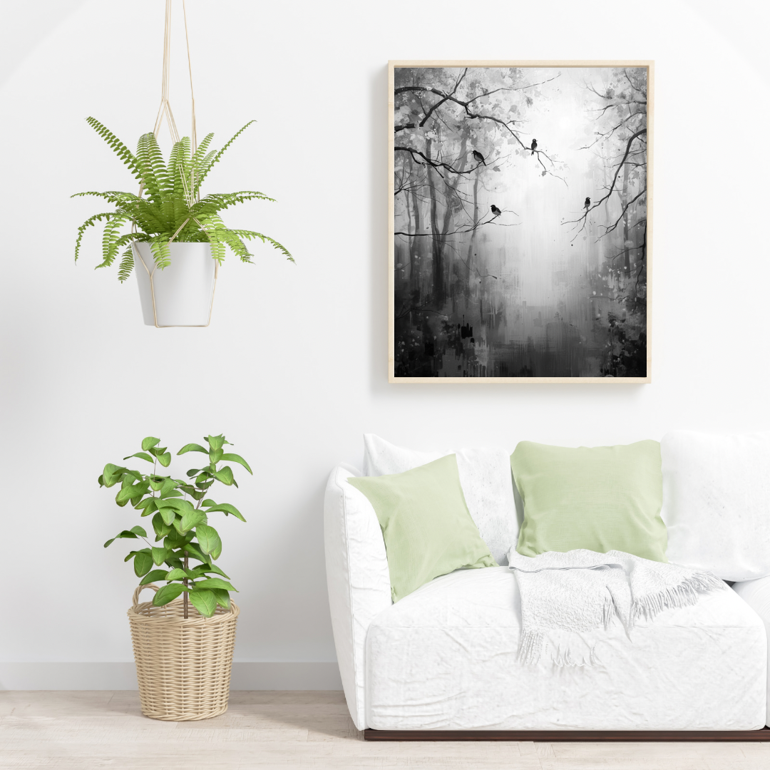 Zwart-wit mistig bos vogels silhouetten schilderij in zwarte lijst aan witte muur boven witte bank met lichtgroene kussens en grote groene plant – woonkamer schilderij
