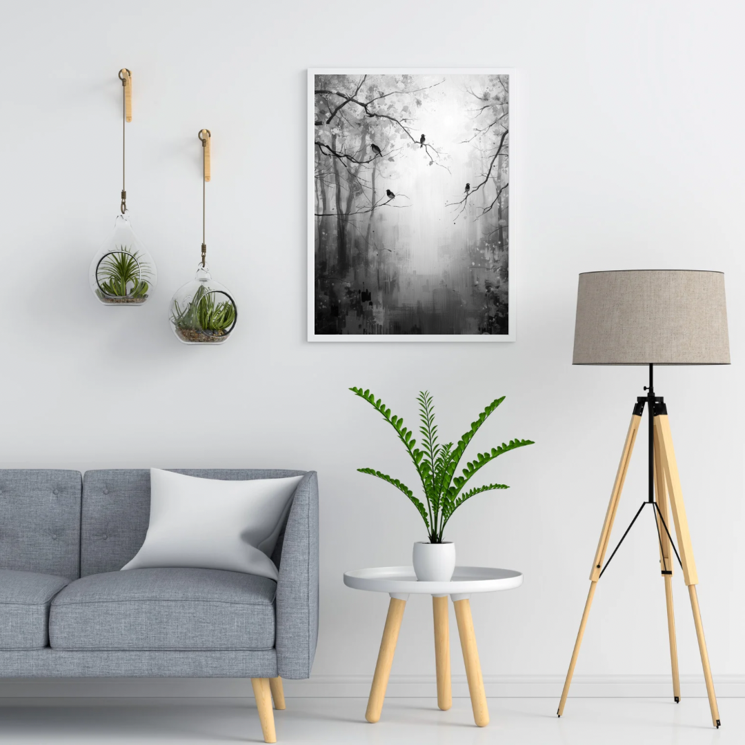 Zwart-wit mistig bos vogels silhouetten schilderij in twee zwarte lijsten aan witte muur boven grijze bank met witte kussens en vloerlamp – woonkamer schilderij
