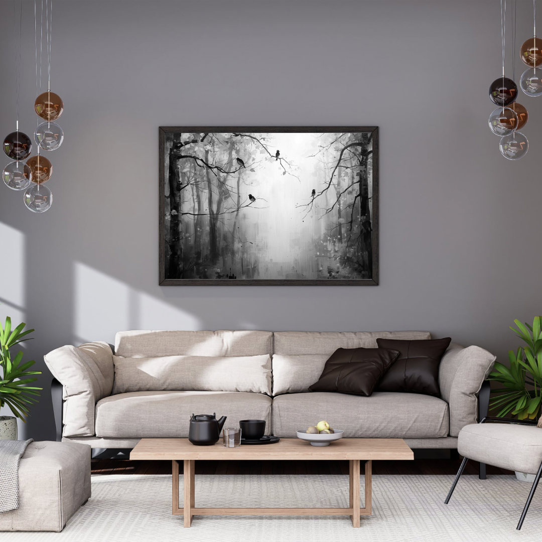 Zwart-wit mistig bos vogels silhouetten schilderij in zwarte lijst aan grijze muur boven lichtgrijze bank met donkere kussens en witte marmeren salontafel – woonkamer schilderij
