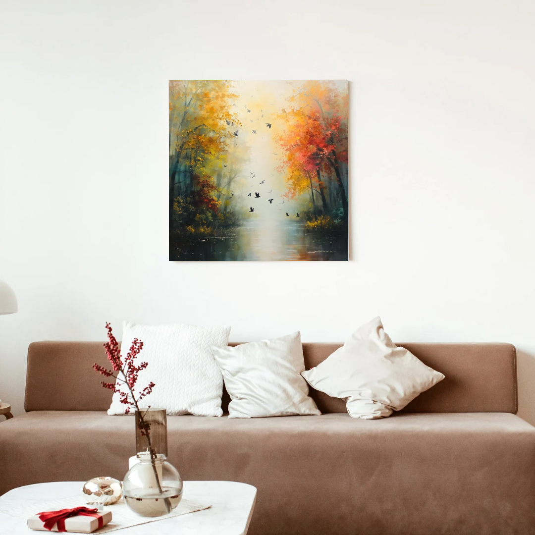 Kleurrijk herfstbos vurige rode oranje bomen vliegende vogels schilderij in zwarte lijst aan witte muur boven bruine bank met witte kussens en takken in vaas – woonkamer schilderij
