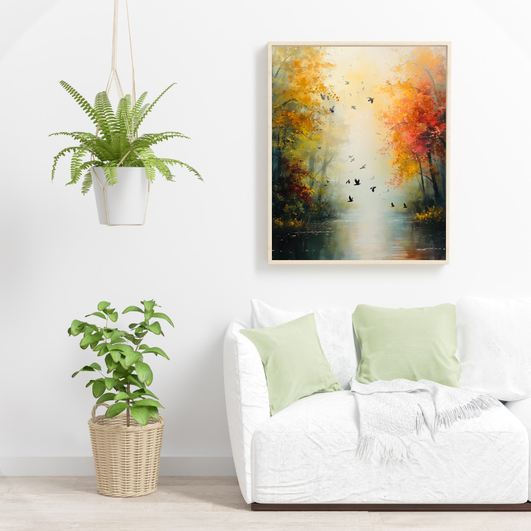 Kleurrijk herfstbos vurige rode oranje bomen vliegende vogels schilderij in zwarte lijst aan witte muur boven witte bank met lichtgroene kussens en grote groene plant – woonkamer schilderij
