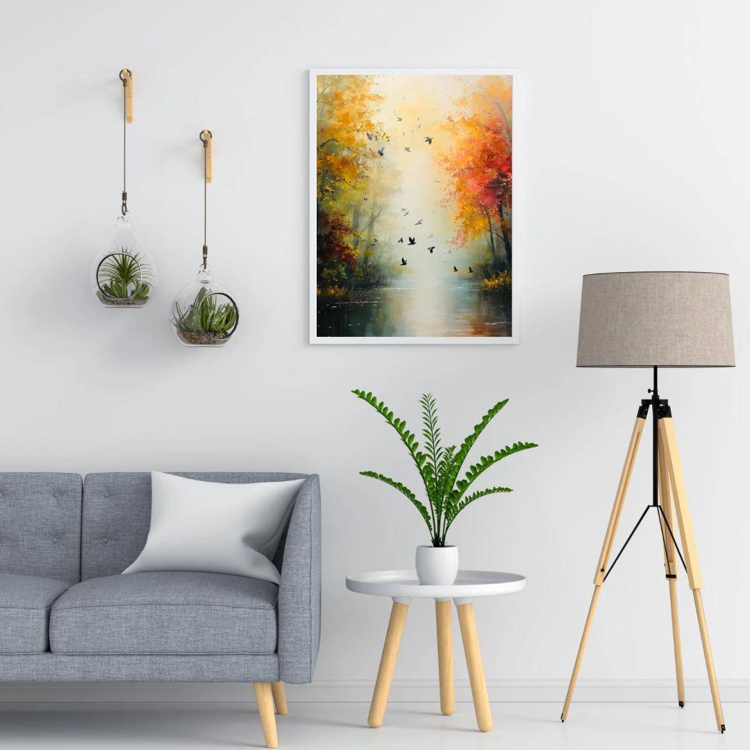 Kleurrijk herfstbos vurige rode oranje bomen vliegende vogels schilderij in twee zwarte lijsten aan witte muur boven grijze bank met witte kussens en vloerlamp – woonkamer schilderij
