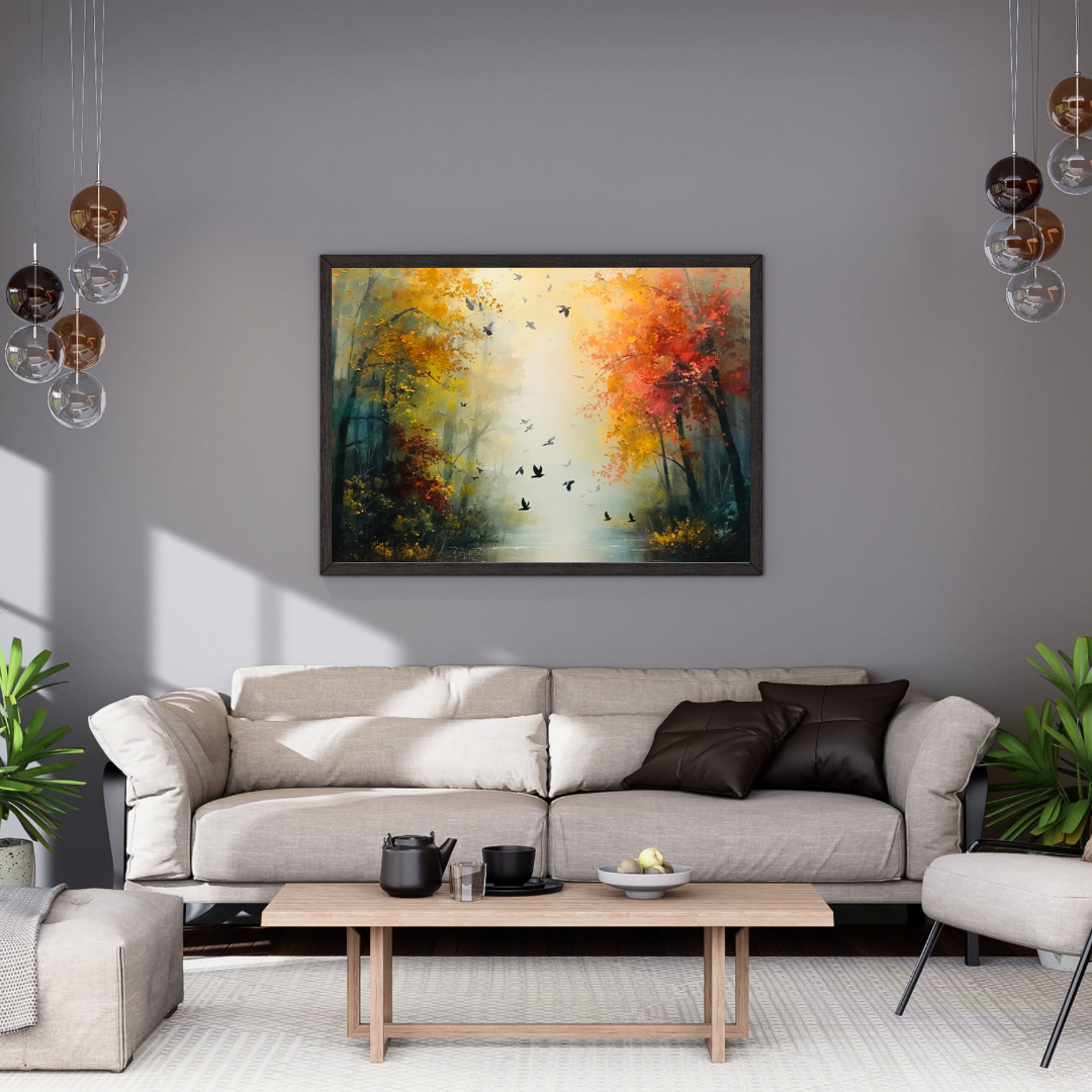 Kleurrijk herfstbos vurige rode oranje bomen vliegende vogels schilderij in zwarte lijst aan grijze muur boven lichtgrijze bank met donkere kussens en witte marmeren salontafel – woonkamer schilderij
