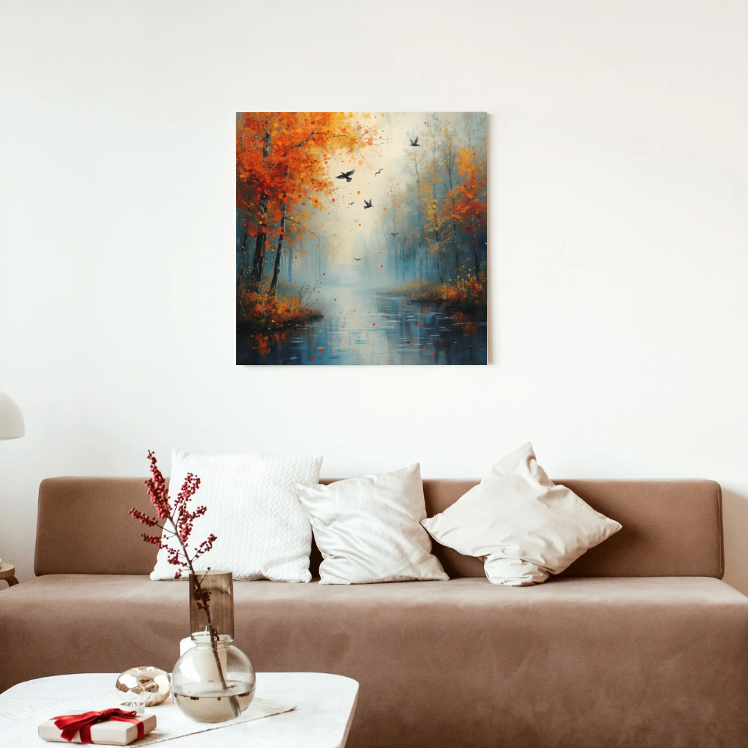 Herfstbos rode oranje bomen vliegende vogels blauwe waterreflecties schilderij in zwarte lijst aan witte muur boven bruine bank met witte kussens en takken in vaas – woonkamer schilderij
