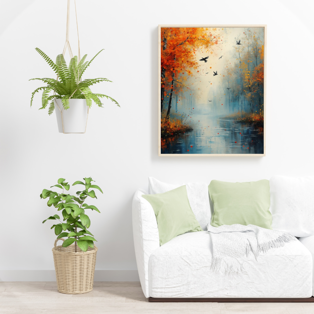 Herfstbos rode oranje bomen vliegende vogels blauwe waterreflecties schilderij in zwarte lijst aan witte muur boven witte bank met lichtgroene kussens en grote groene plant – woonkamer schilderij
