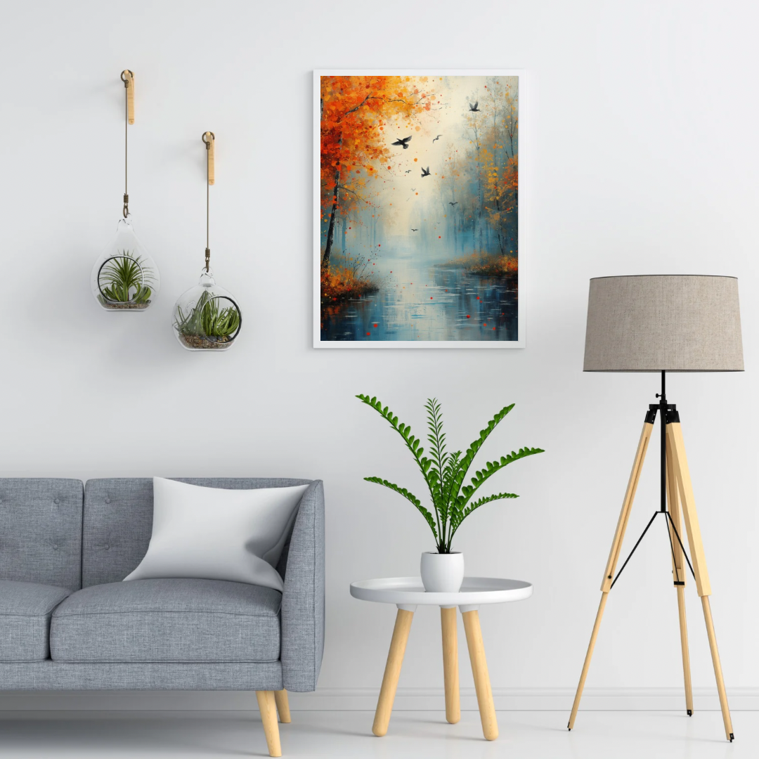 Herfstbos rode oranje bomen vliegende vogels blauwe waterreflecties schilderij in twee zwarte lijsten aan witte muur boven grijze bank met witte kussens en vloerlamp – woonkamer schilderij
