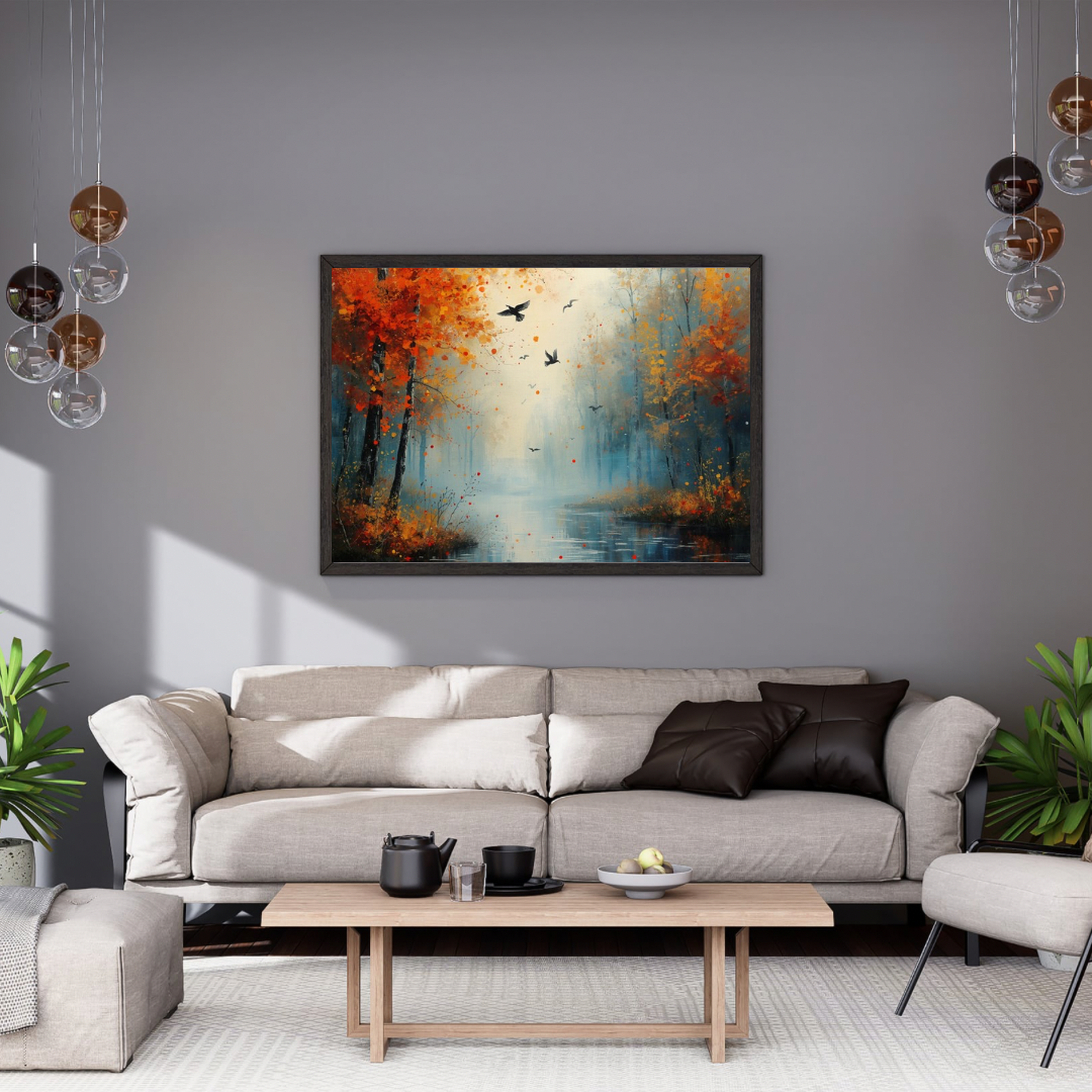 Herfstbos rode oranje bomen vliegende vogels blauwe waterreflecties schilderij in zwarte lijst aan grijze muur boven lichtgrijze bank met donkere kussens en witte marmeren salontafel – woonkamer schilderij
