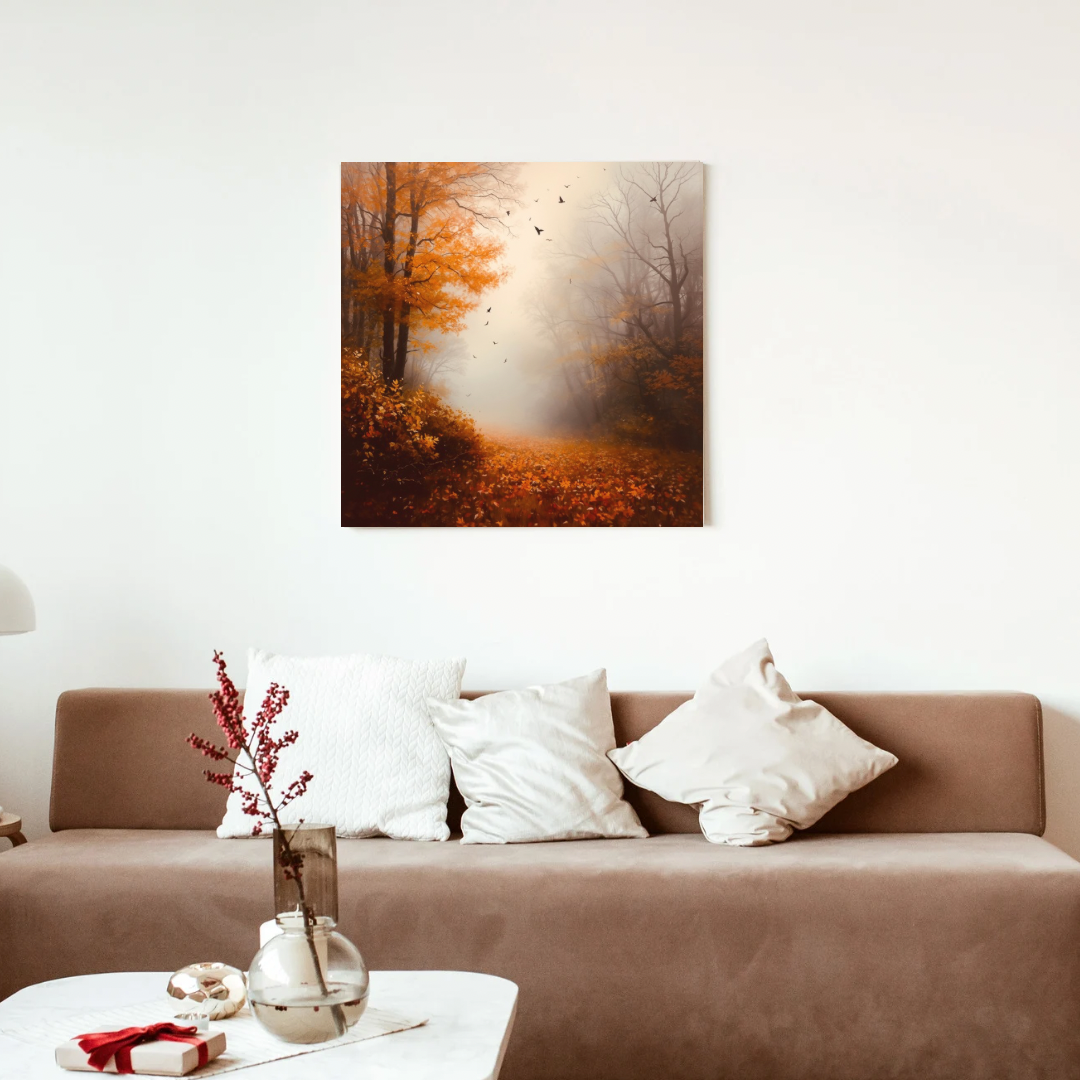 Mistig herfstbos warme bruine bladeren vliegende vogels schilderij in zwarte lijst aan witte muur boven bruine bank met witte kussens en takken in vaas – woonkamer schilderij
