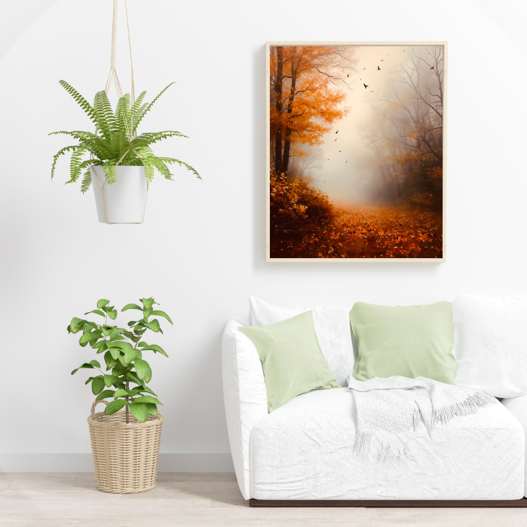 Mistig herfstbos warme bruine bladeren vliegende vogels schilderij in zwarte lijst aan witte muur boven witte bank met lichtgroene kussens en grote groene plant – woonkamer schilderij
