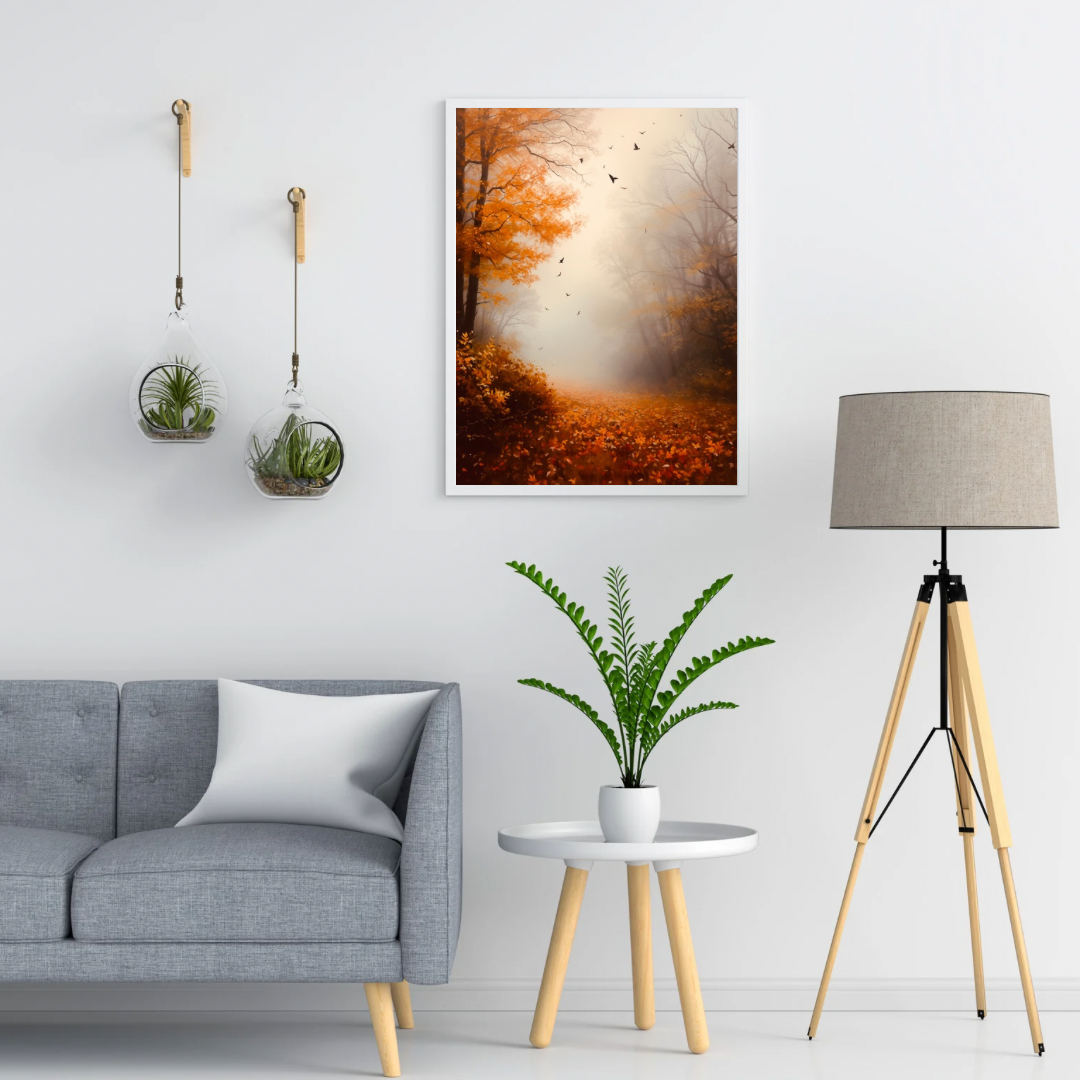 Mistig herfstbos warme bruine bladeren vliegende vogels schilderij in twee zwarte lijsten aan witte muur boven grijze bank met witte kussens en vloerlamp – woonkamer schilderij
