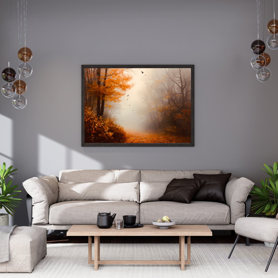 Mistig herfstbos warme bruine bladeren vliegende vogels schilderij in zwarte lijst aan grijze muur boven lichtgrijze bank met donkere kussens en witte marmeren salontafel – woonkamer schilderij
