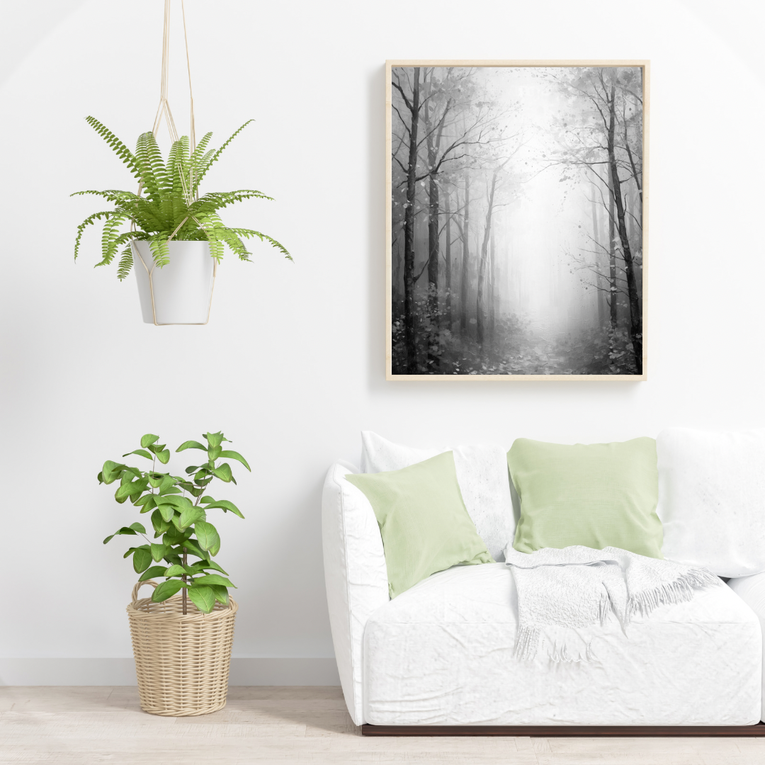Zwart-wit mistig winterbos kale bomen sneeuwvlokken schilderij in zwarte lijst aan witte muur boven witte bank met lichtgroene kussens en grote groene plant – woonkamer schilderij

