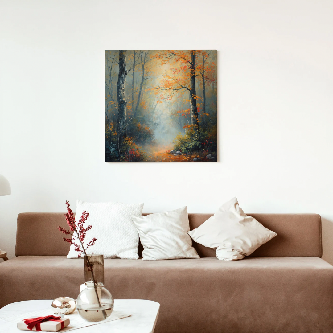Mistig herfstbos oranje gele bladeren stenen pad olieverf schilderij in zwarte lijst aan witte muur boven bruine bank met witte kussens en takken in vaas – woonkamer schilderij

