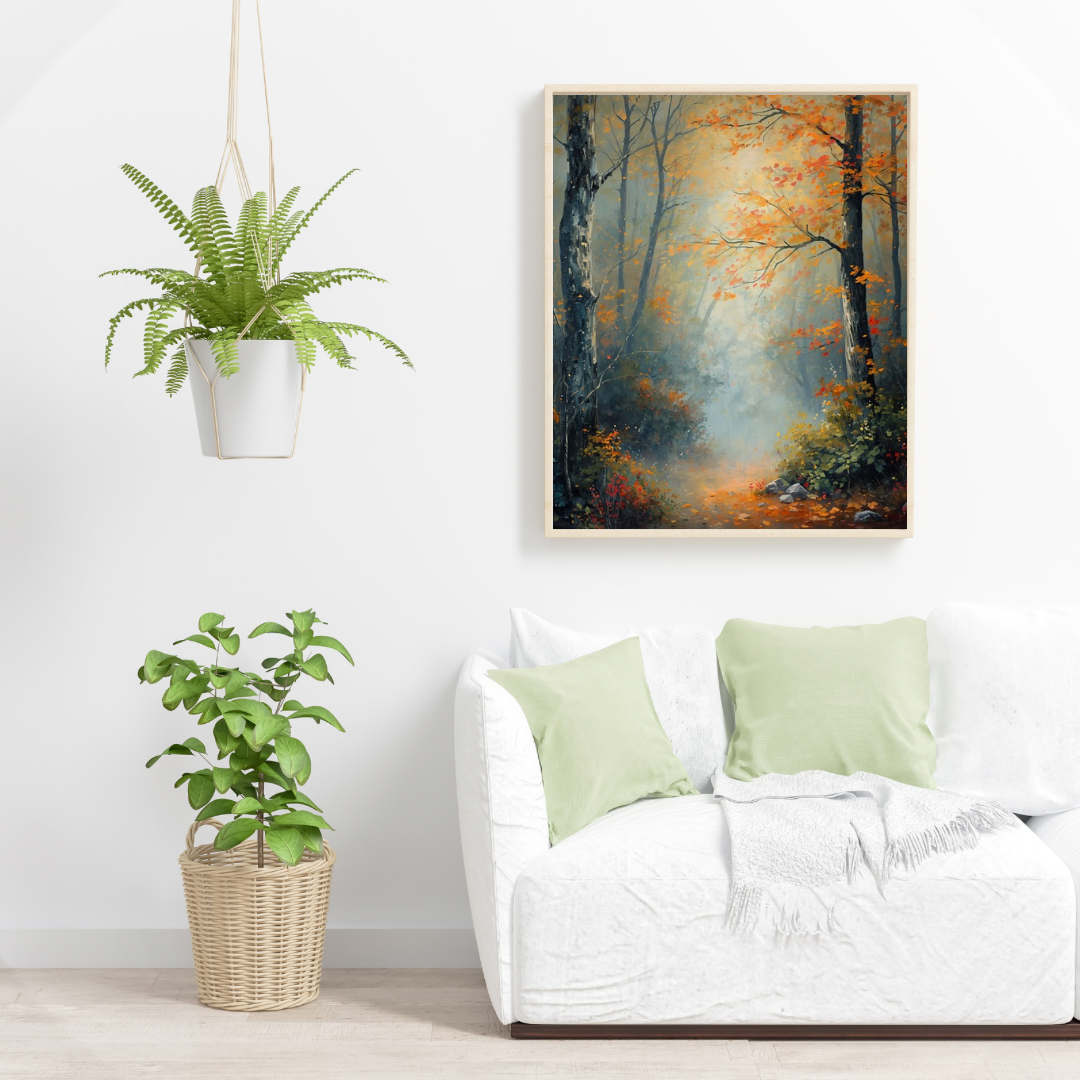 Mistig herfstbos oranje gele bladeren stenen pad olieverf schilderij in zwarte lijst aan witte muur boven witte bank met lichtgroene kussens en grote groene plant – woonkamer schilderij
