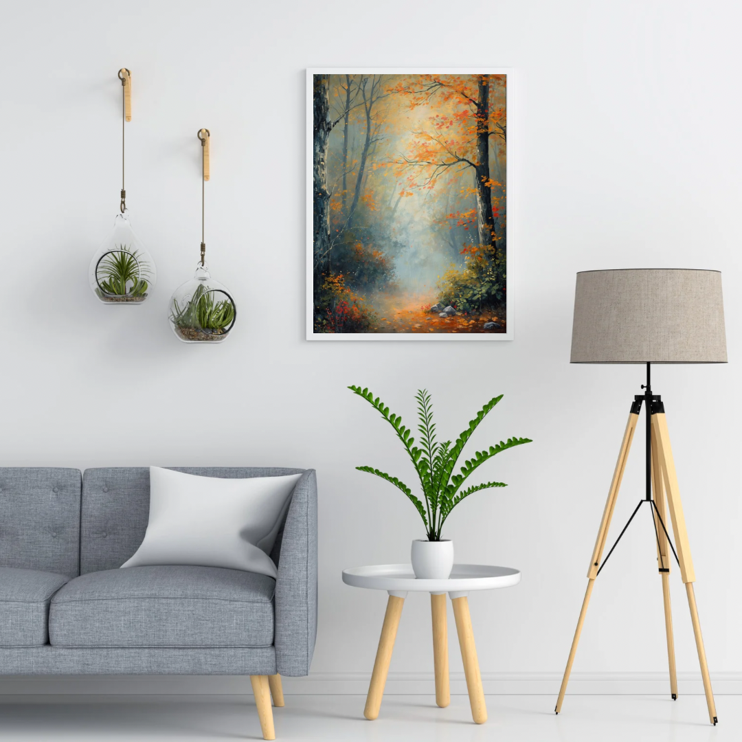 Mistig herfstbos oranje gele bladeren stenen pad olieverf schilderij in twee zwarte lijsten aan witte muur boven grijze bank met witte kussens en vloerlamp – woonkamer schilderij
