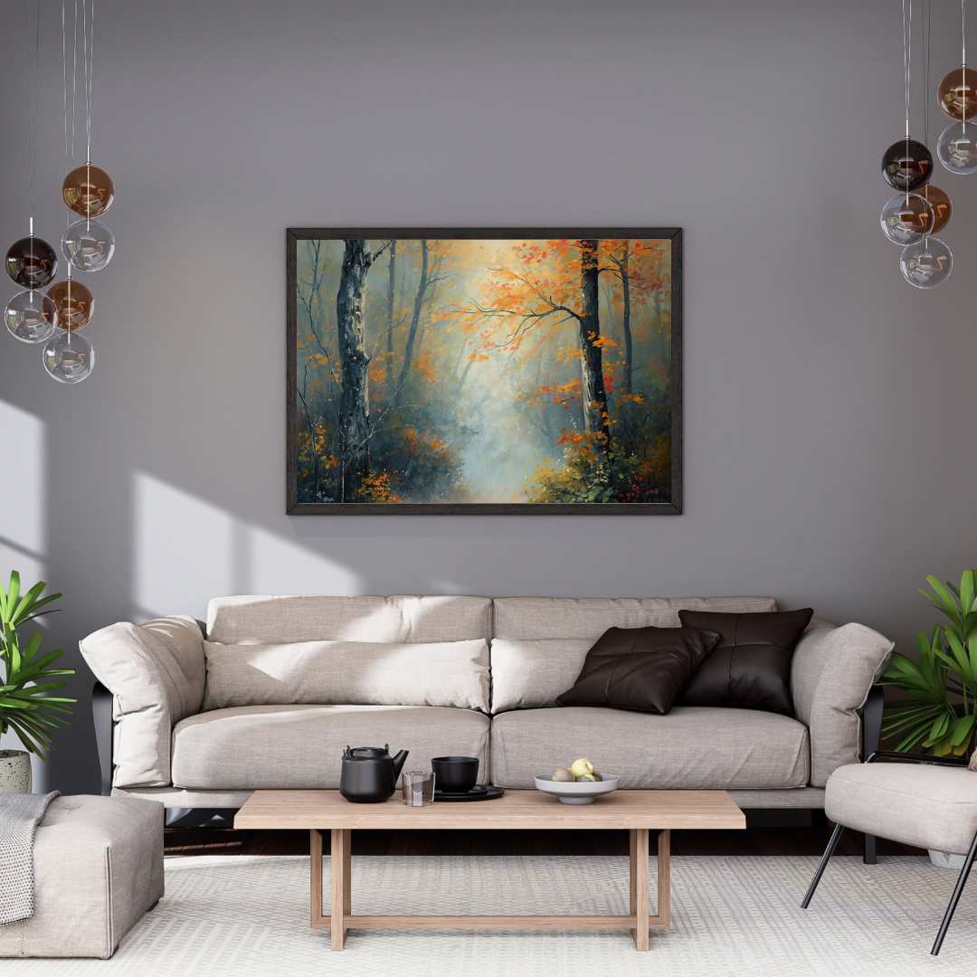 Mistig herfstbos oranje gele bladeren stenen pad olieverf schilderij in zwarte lijst aan grijze muur boven lichtgrijze bank met donkere kussens en witte marmeren salontafel – woonkamer schilderij
