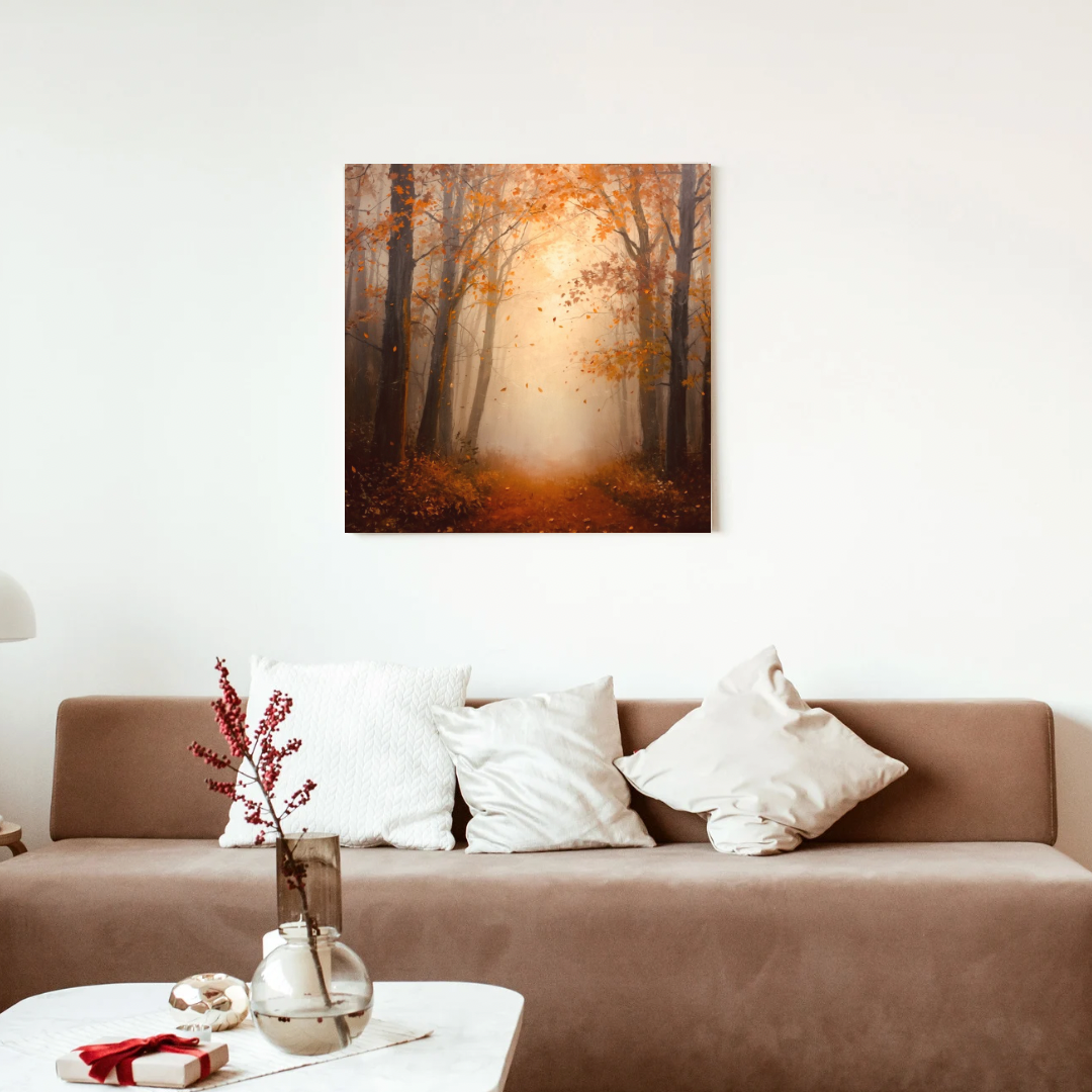 Warm mistig herfstbos gouden oranje bomen vallende bladeren schilderij in zwarte lijst aan witte muur boven bruine bank met witte kussens en takken in vaas – woonkamer schilderij
