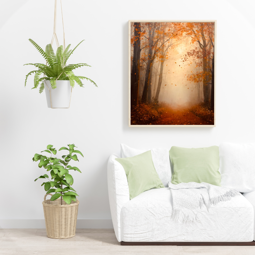 Warm mistig herfstbos gouden oranje bomen vallende bladeren schilderij in zwarte lijst aan witte muur boven witte bank met lichtgroene kussens en grote groene plant – woonkamer schilderij
