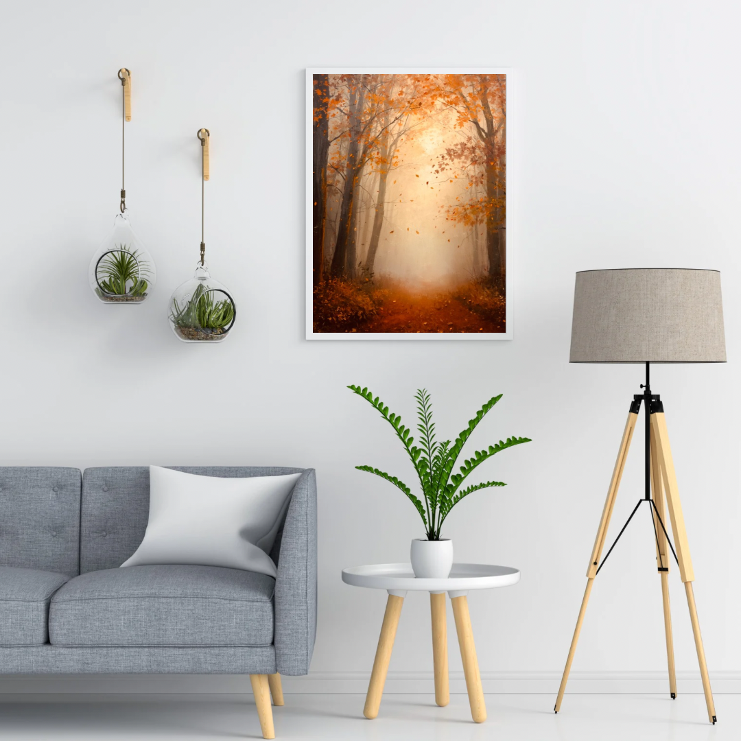 Warm mistig herfstbos gouden oranje bomen vallende bladeren schilderij in twee zwarte lijsten aan witte muur boven grijze bank met witte kussens en vloerlamp – woonkamer schilderij
