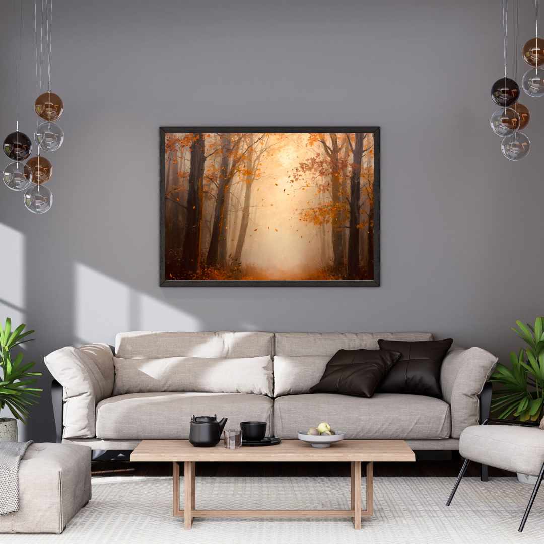 Warm mistig herfstbos gouden oranje bomen vallende bladeren schilderij in zwarte lijst aan grijze muur boven lichtgrijze bank met donkere kussens en witte marmeren salontafel – woonkamer schilderij
