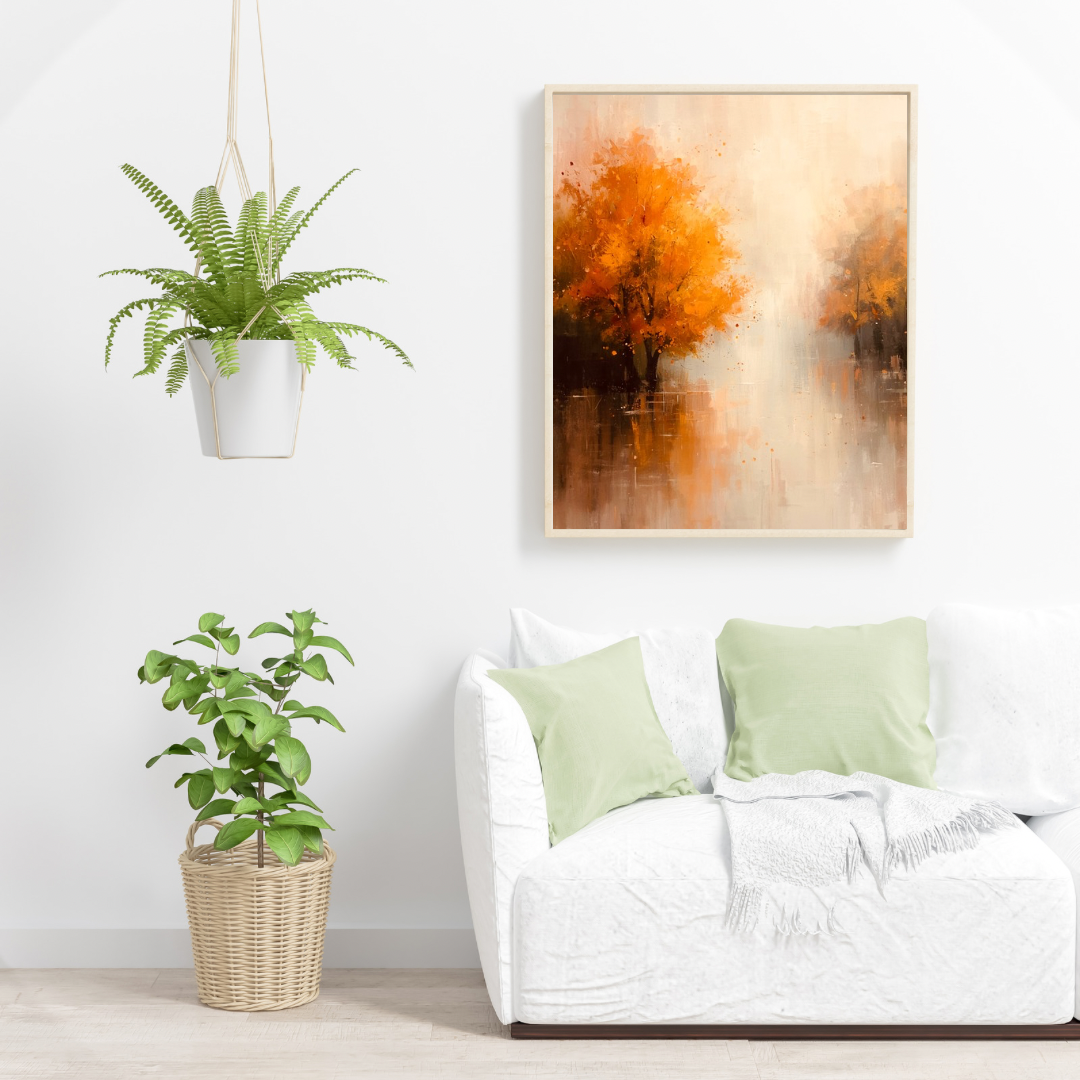 Romantisch herfstlandschap oranje gouden bomen waterreflecties schilderij in zwarte lijst aan witte muur boven witte bank met lichtgroene kussens en witte plant – woonkamer schilderij
