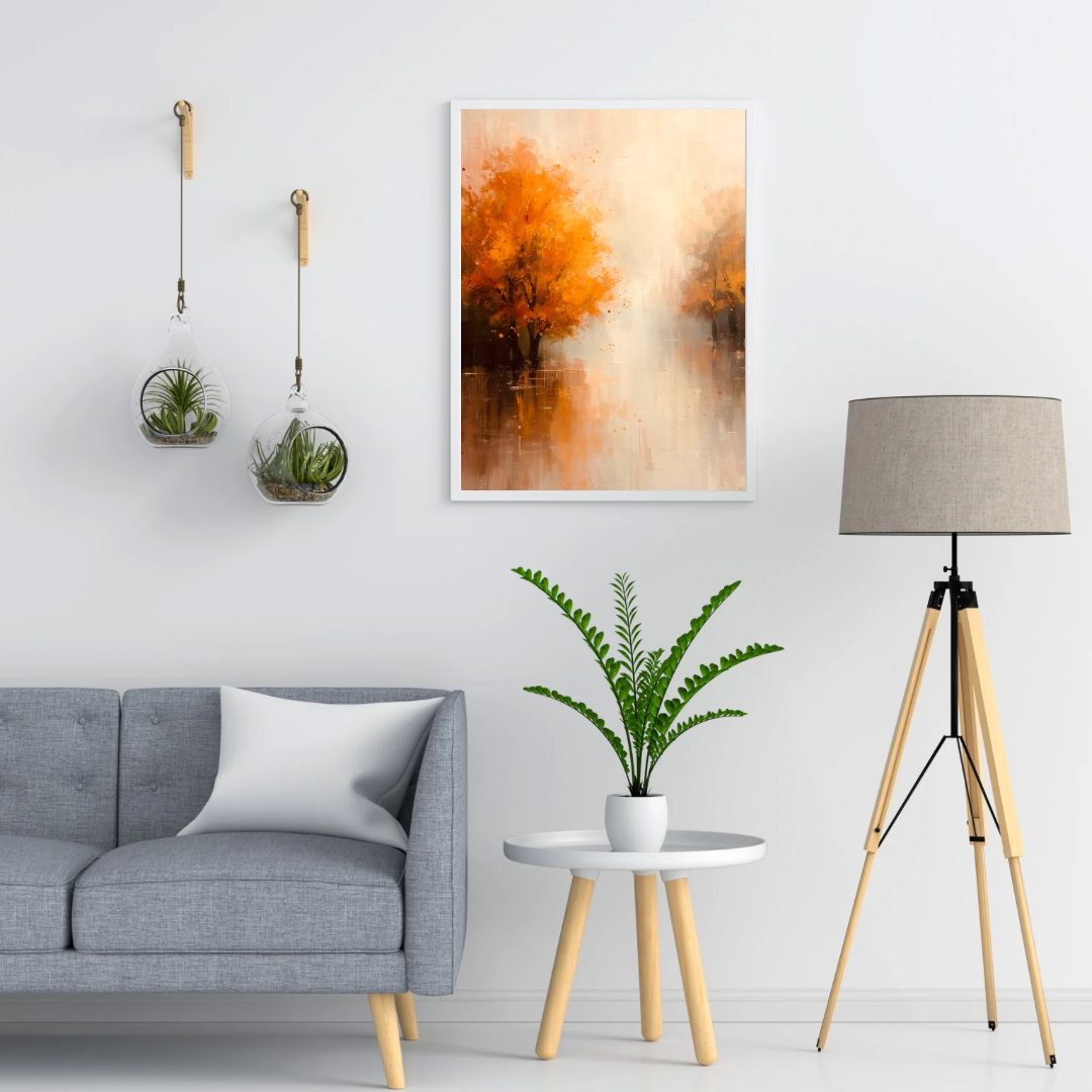 Romantisch herfstlandschap oranje gouden bomen waterreflecties schilderij in twee zwarte lijsten aan witte muur boven grijze bank met witte kussens en vloerlamp – woonkamer schilderij
