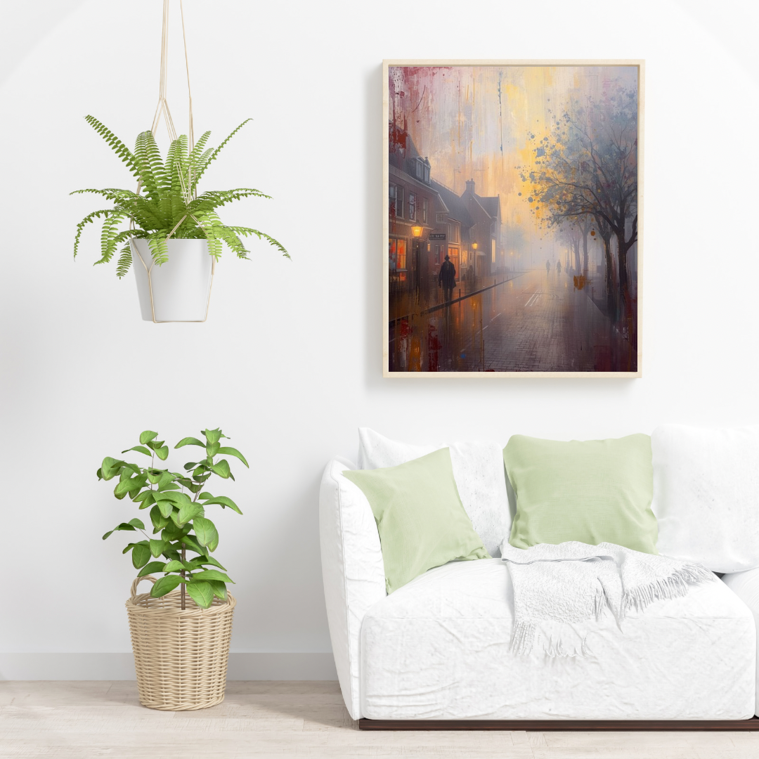 Mistige stadsstraat silhouet lantaarnlicht cinematografisch schilderij in zwarte lijst aan witte muur boven witte bank met lichtgroene kussens en witte plant – woonkamer schilderij
