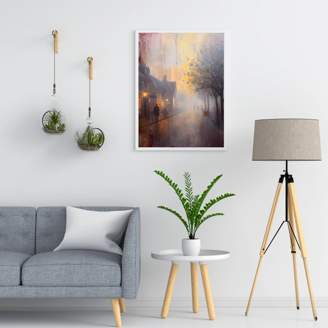Mistige stadsstraat silhouet lantaarnlicht cinematografisch schilderij in twee zwarte lijsten aan witte muur boven grijze bank met witte kussens en vloerlamp – woonkamer schilderij
