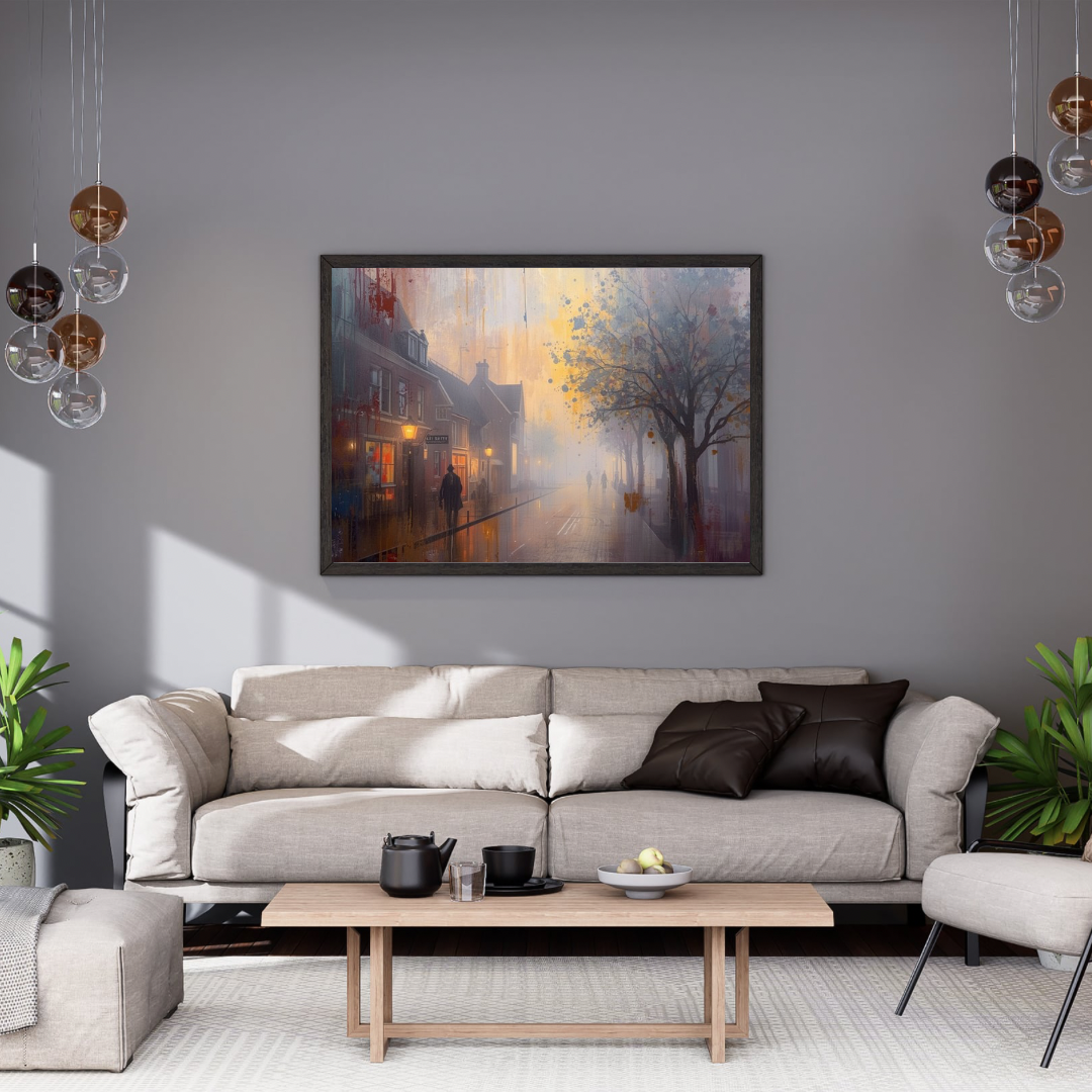 Mistige stadsstraat silhouet lantaarnlicht cinematografisch schilderij in zwarte lijst aan grijze muur boven lichtgrijze bank met donkere kussens en witte marmeren salontafel – woonkamer schilderij
