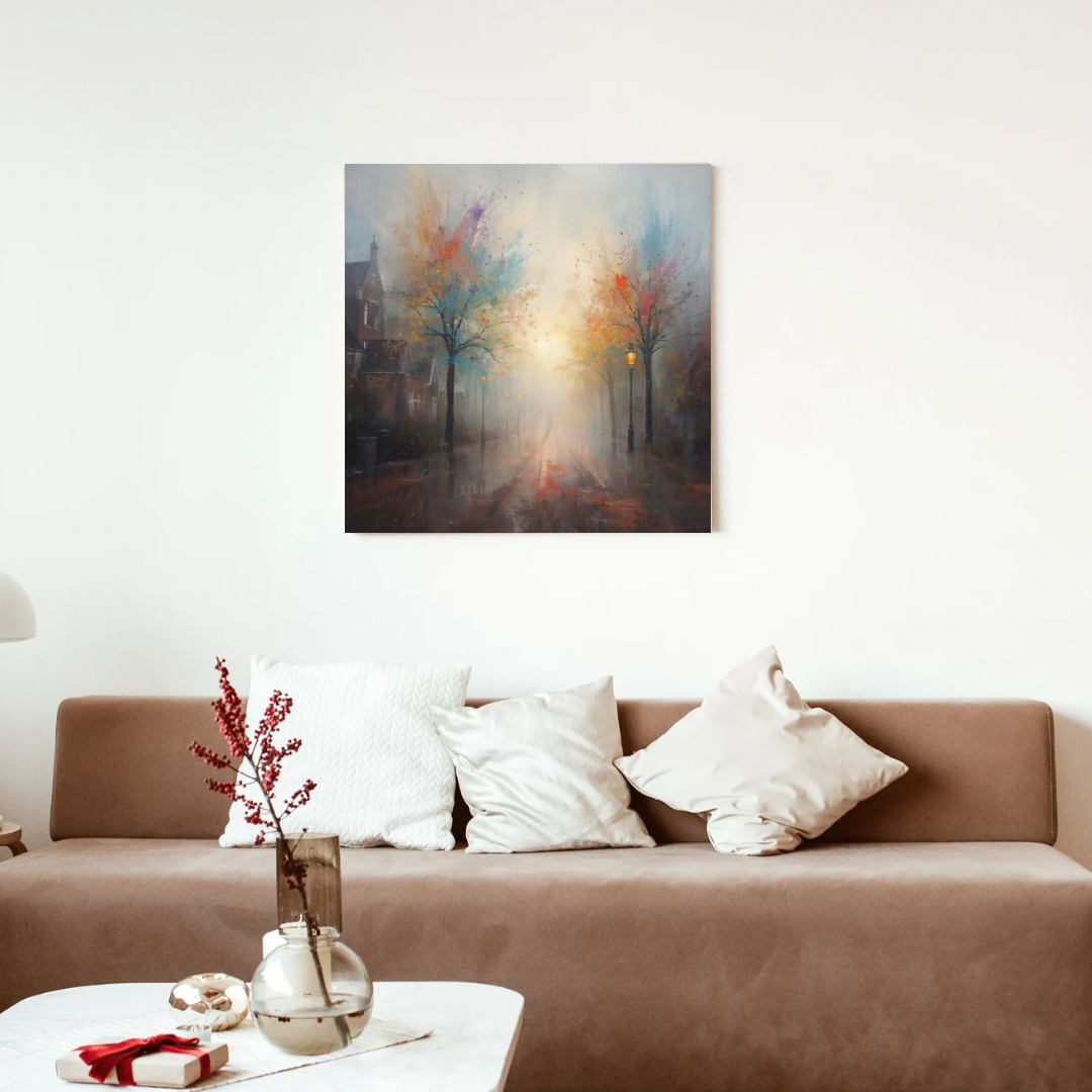 Kleurrijk impressionistisch herfststeegje lantaarnpaal schilderij in zwarte lijst aan witte muur boven bruine bank met witte kussens en takken in vaas – woonkamer schilderij
