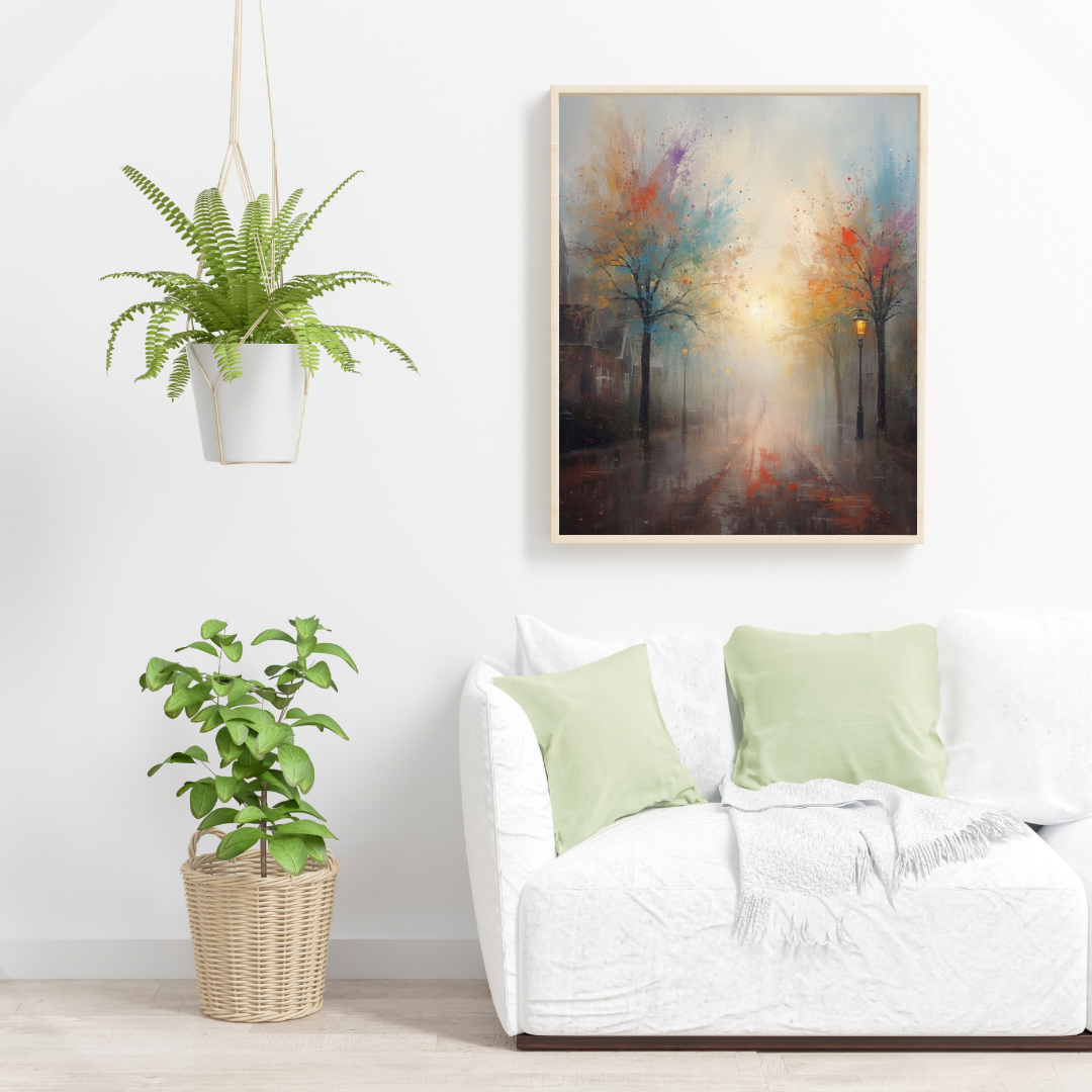 Kleurrijk impressionistisch herfststeegje lantaarnpaal schilderij in zwarte lijst aan witte muur boven witte bank met lichtgroene kussens en witte plant – woonkamer schilderij
