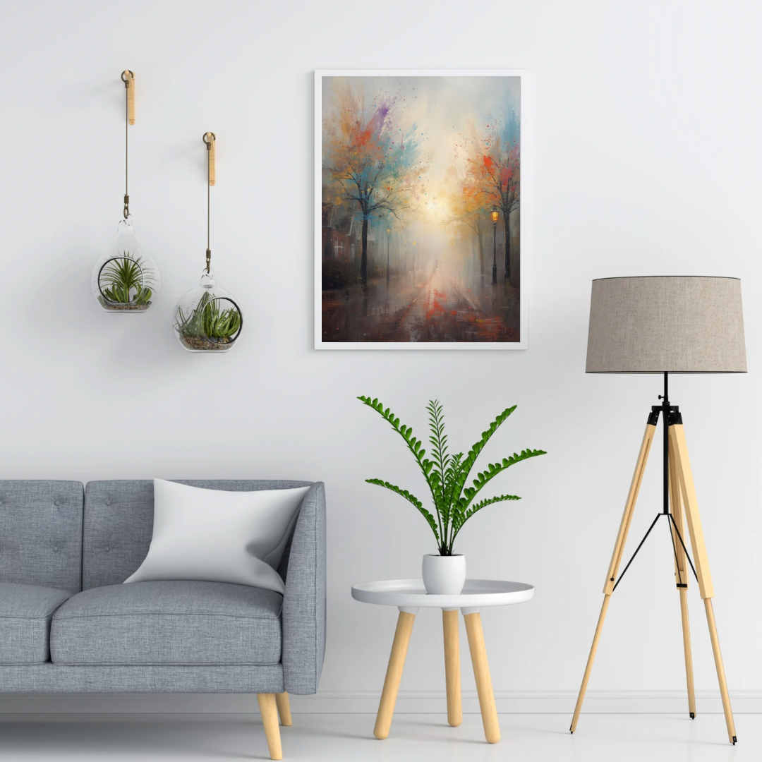 Kleurrijk impressionistisch herfststeegje lantaarnpaal schilderij in twee zwarte lijsten aan witte muur boven grijze bank met witte kussens en vloerlamp – woonkamer schilderij
