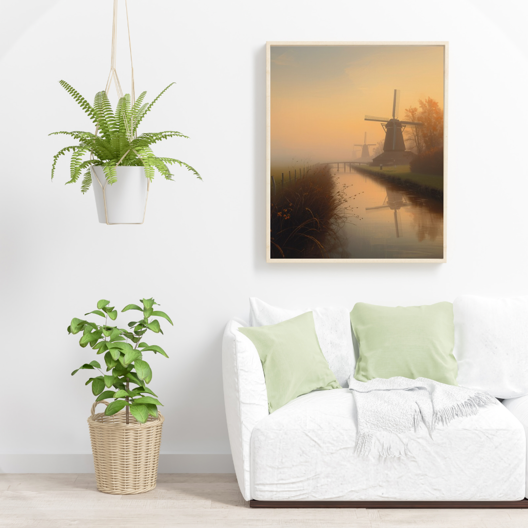 Nederlandse windmolens mistige zonsopgang gouden licht schilderij in zwarte lijst aan witte muur boven witte bank met lichtgroene kussens en witte plant – woonkamer schilderij
