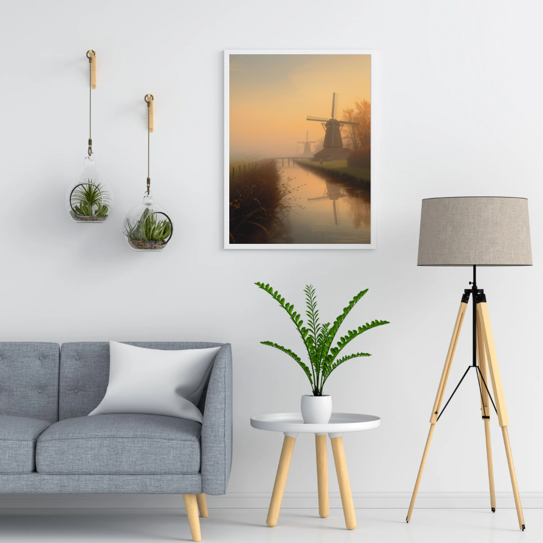 Nederlandse windmolens mistige zonsopgang gouden licht schilderij in twee zwarte lijsten aan witte muur boven grijze bank met witte kussens en vloerlamp – woonkamer schilderij
