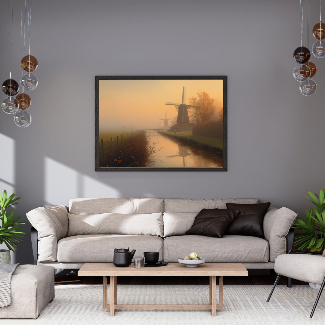 Nederlandse windmolens mistige zonsopgang gouden licht schilderij in zwarte lijst aan grijze muur boven lichtgrijze bank met donkere kussens en witte marmeren salontafel – woonkamer schilderij
