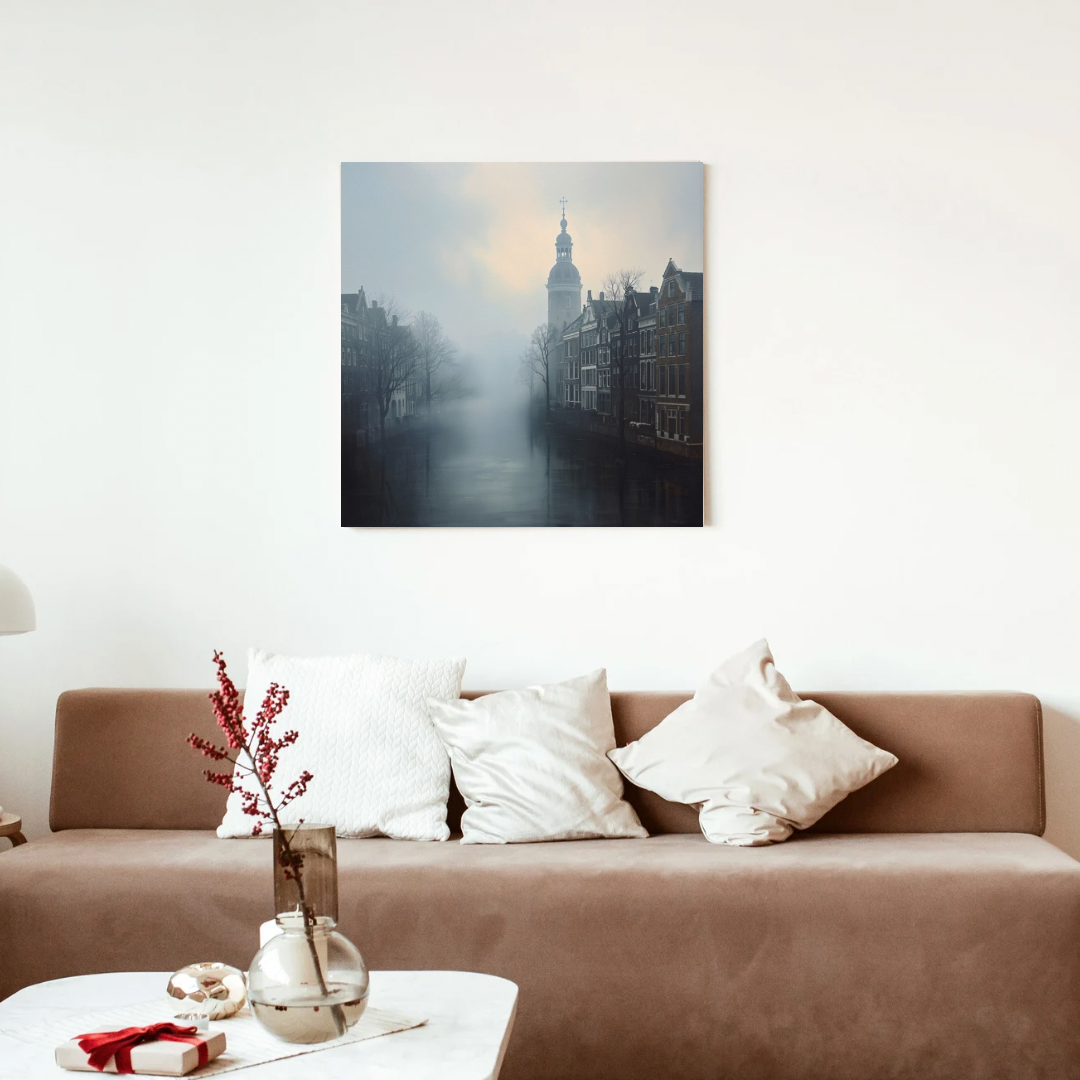 Mistige Nederlandse gracht kerktoren schemering schilderij in zwarte lijst aan witte muur boven bruine bank met witte kussens en takken in vaas – woonkamer schilderij
