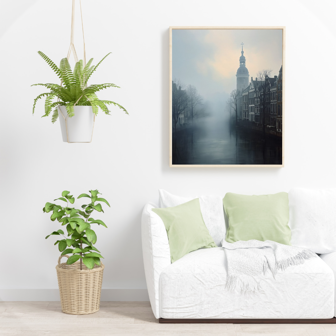 Mistige Nederlandse gracht kerktoren schemering schilderij in zwarte lijst aan witte muur boven witte bank met lichtgroene kussens en witte plant – woonkamer schilderij

