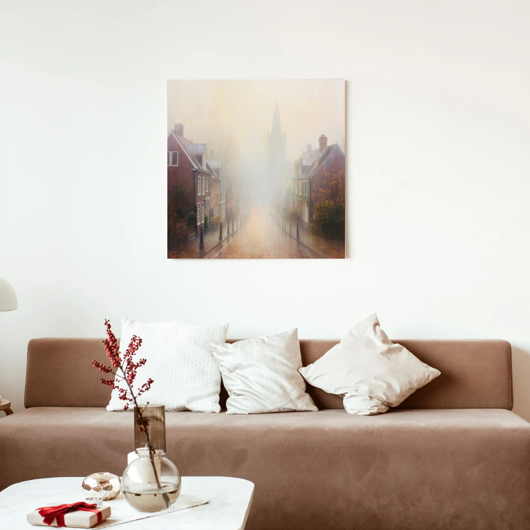 Mistige Nederlandse straat kerktoren schilderij in zwarte lijst aan witte muur boven bruine bank met witte kussens en takken in vaas – woonkamer schilderij
