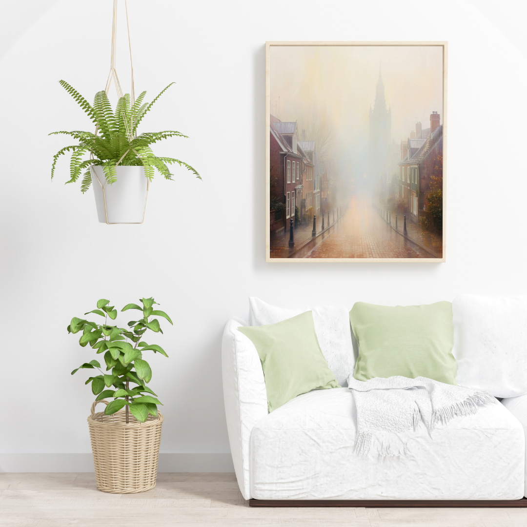 Mistige Nederlandse straat kerktoren schilderij in zwarte lijst aan witte muur boven witte bank met lichtgroene kussens en witte plant – woonkamer schilderij
