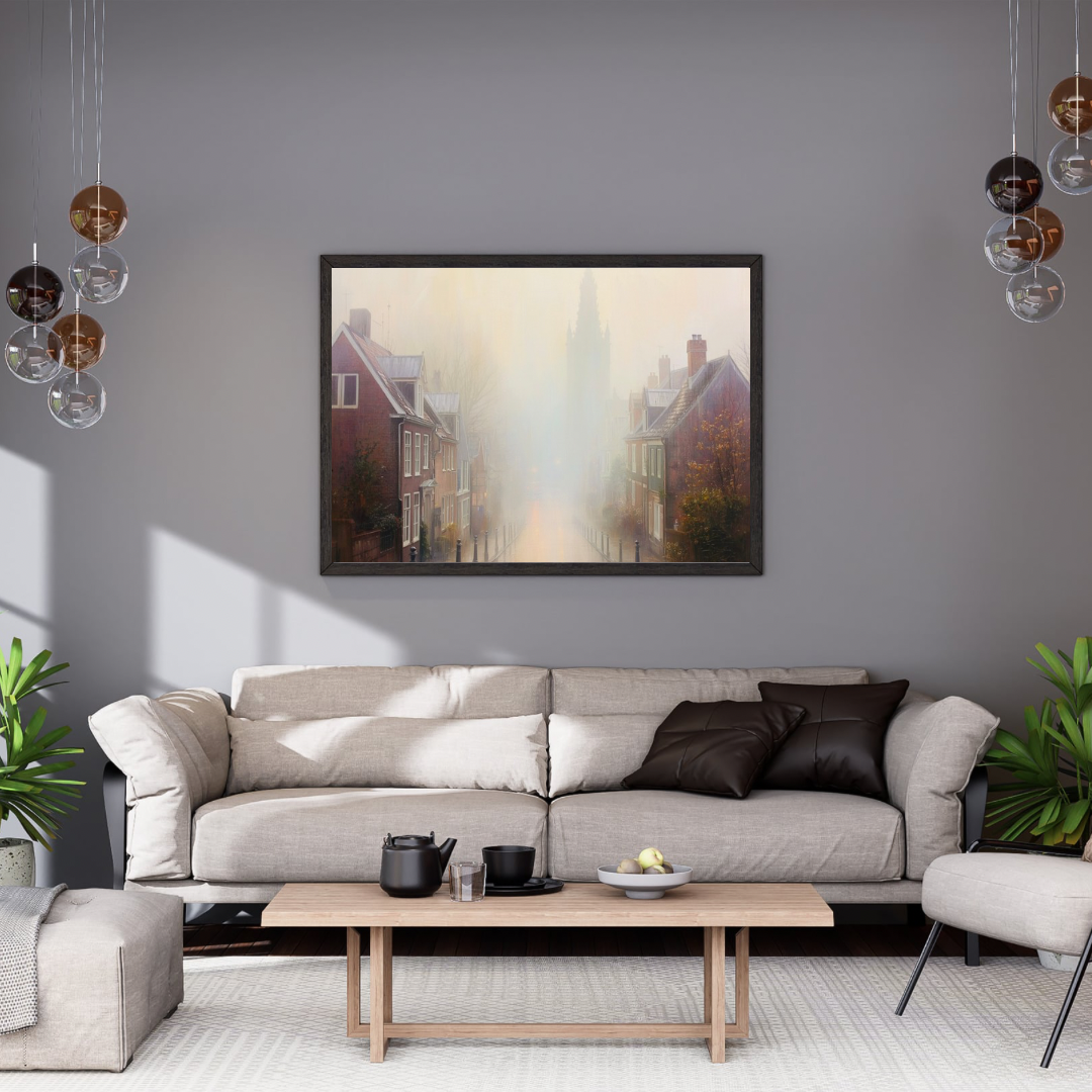 Mistige Nederlandse straat kerktoren schilderij in zwarte lijst aan grijze muur boven lichtgrijze bank met donkere kussens en witte marmeren salontafel – woonkamer schilderij
