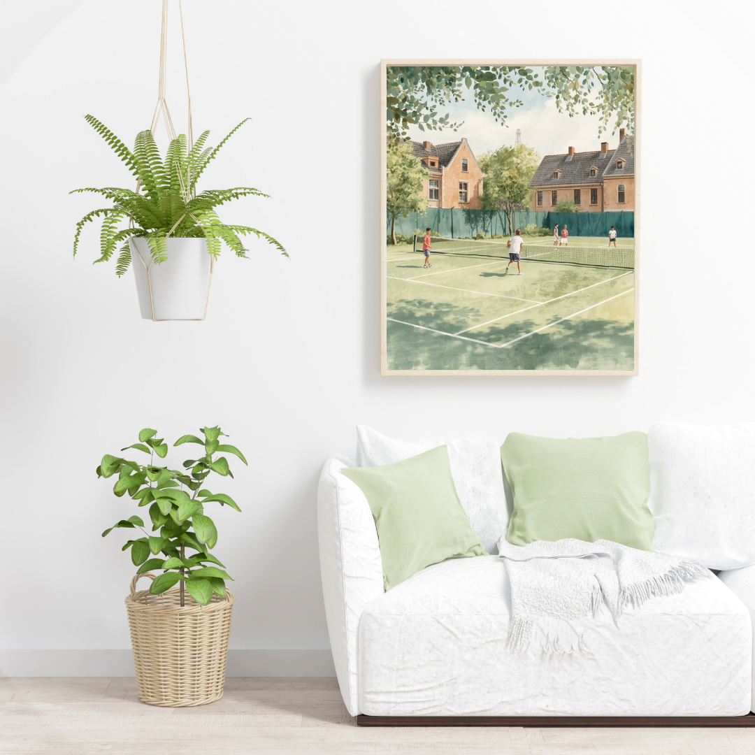 Delft tennisbaan schilderij in witte lijst hangend aan witte muur naast hangplanten en witte vloerlamp – wall art woonkamer met planten
