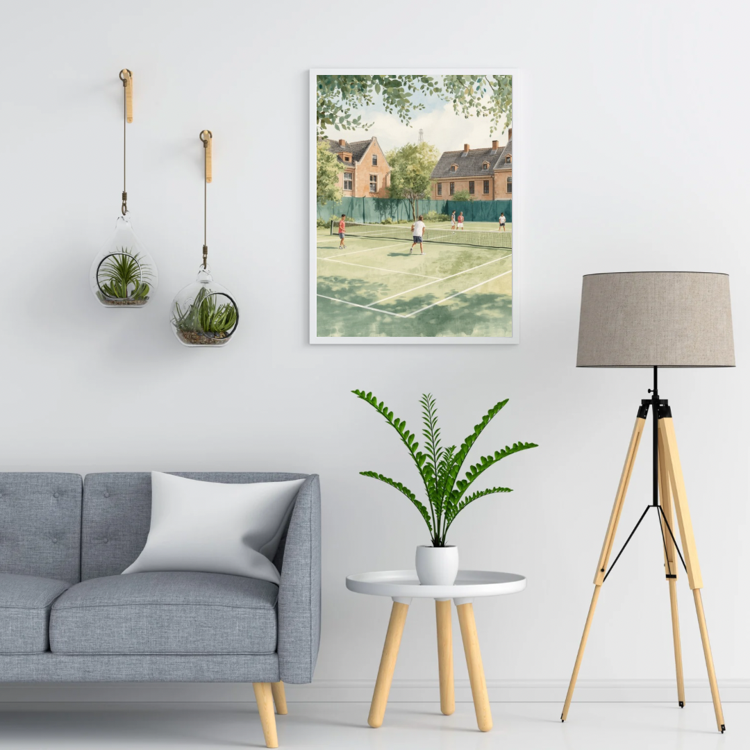 Delft tennisbaan schilderij in grijze lijst aan witte muur boven grijze bank met witte salontafel en staande lamp – impressionistische wall art woonkamer
