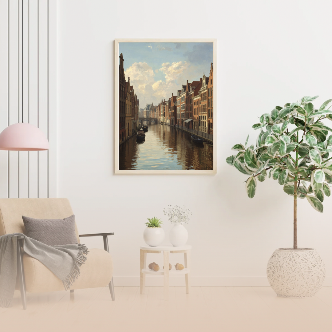 Delft gracht schilderij in witte lijst aan roze muur naast witte tafel met groene plant – klassieke wall art woonkamer
