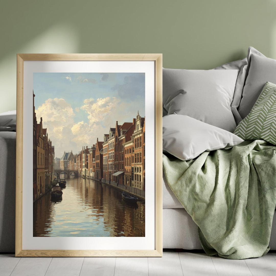 Delft gracht schilderij in gouden lijst liggend op wit beddengoed met groene deken – klassieke wall art slaapkamer

