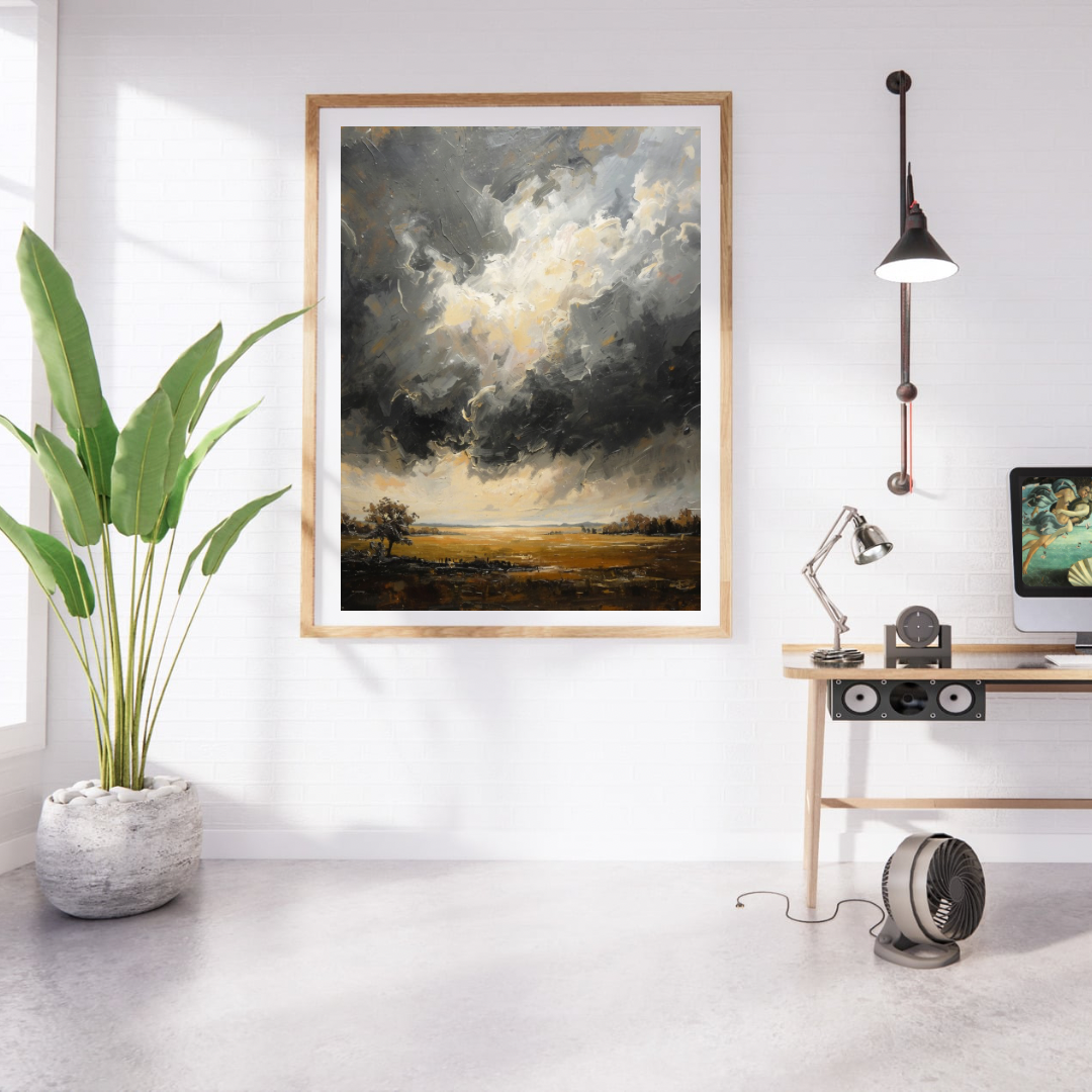 Stormlucht landschap olieverf schilderij in naturel houten lijst aan witte muur naast grote groene plant en houten bureau met lamp – cinematisch wall art studeerkamer
