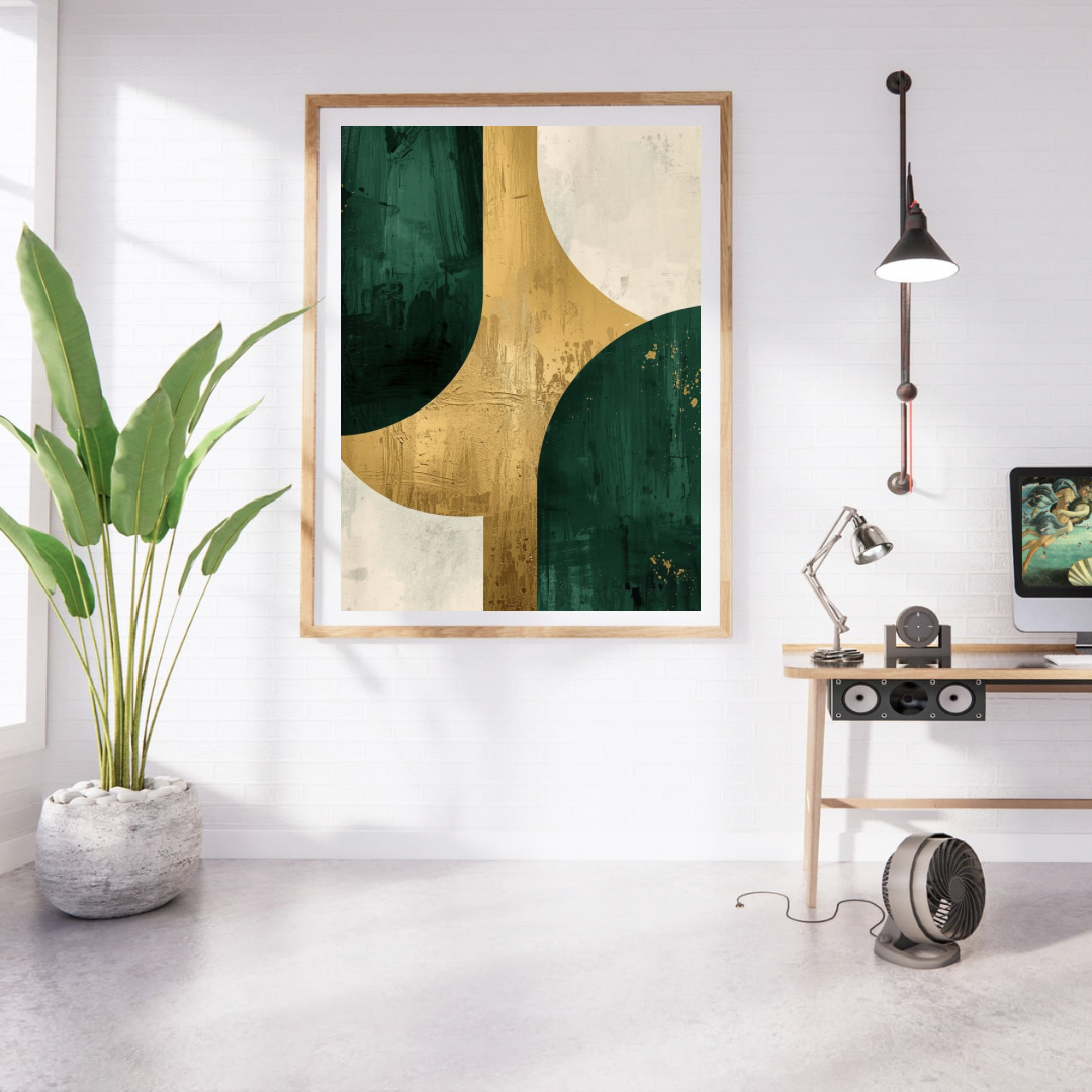 Abstract cirkels smaragdgroen goud schilderij in naturel houten lijst aan witte muur naast grote groene plant en houten bureau met lamp – luxe abstract olieverf wall art studeerkamer
